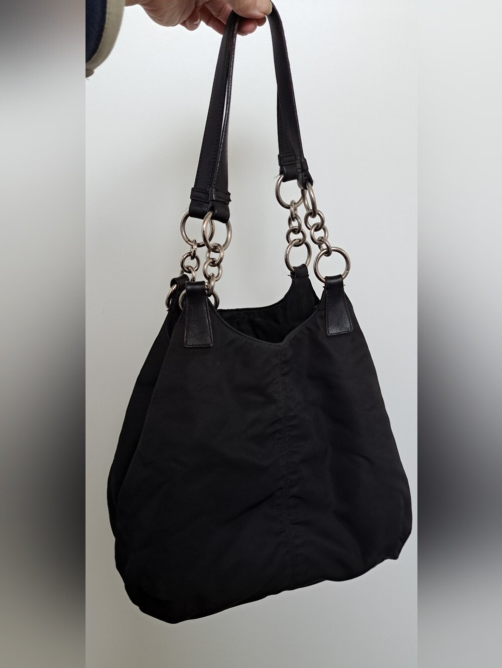 Prada Classic Black Shoulder Bah Tote with Silver Ring Chain Handles
